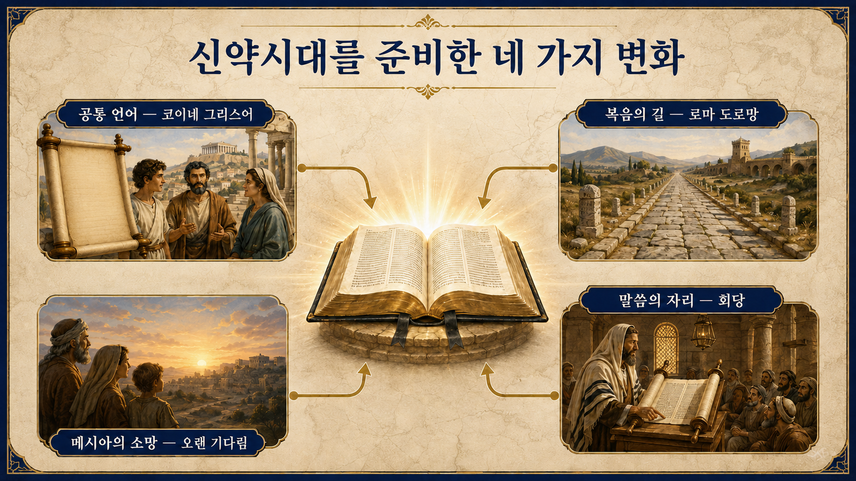 코이네 그리스어, 로마 도로망, 회당, 메시아의 소망이 신약시대를 준비한 네 가지 변화임을 보여 주는 인포그래픽
